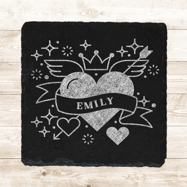 Square Slate Angel Crown Sparkles Valentine's Day Gift Personalised Coaster