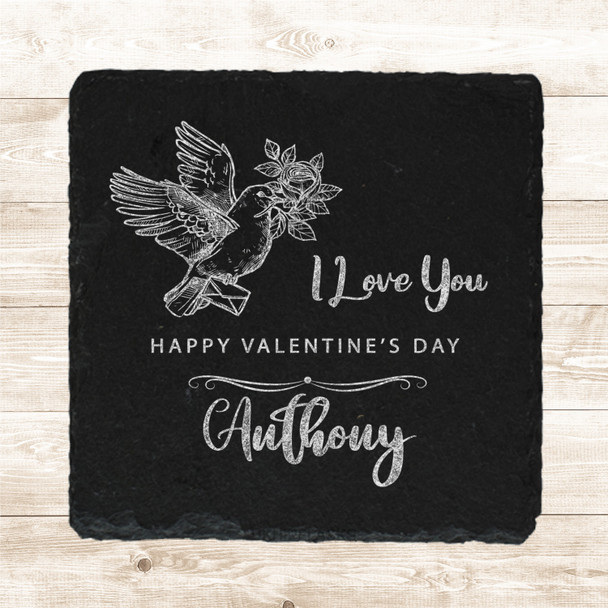 Square Slate Dove Roses Floral Valentine's Love Letter Gift Personalised Coaster