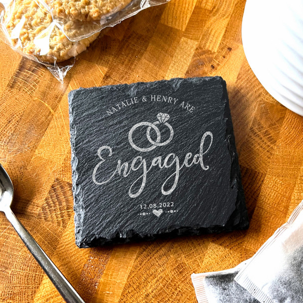 Square Slate Engagement Diamond Rings Date Heart Gift Personalised Coaster
