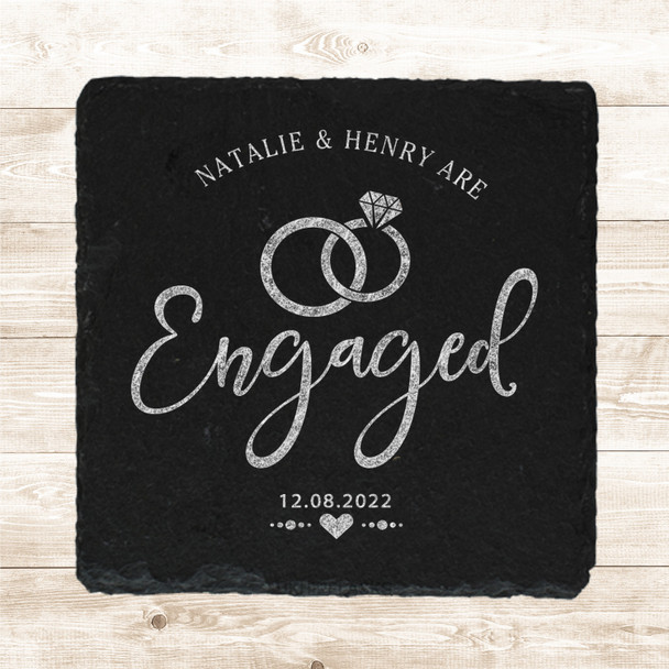 Square Slate Engagement Diamond Rings Date Heart Gift Personalised Coaster