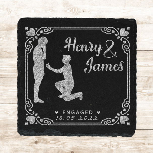 Square Slate Engagement Proposal Gay Couple Shadow Gift Personalised Coaster