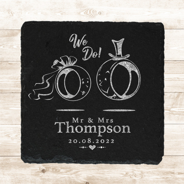 Square Slate Funny Bride Groom Wedding Day Rings We Do Gift Personalised Coaster