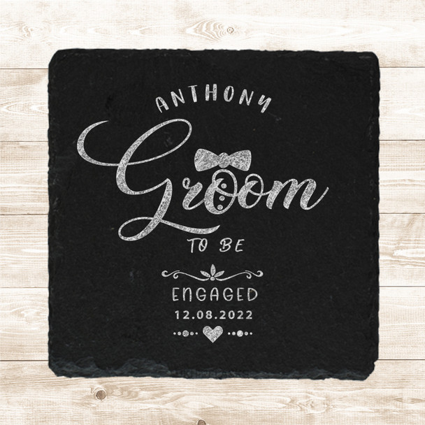 Square Slate Groom To Be Engagement Bowtie Date Gift Personalised Coaster