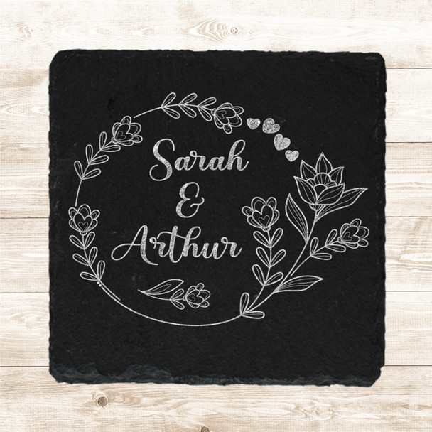 Square Slate Happy Valentine's Floral Wreath Leaves Gift Personalised Coaster