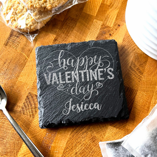 Square Slate Happy Valentine's Day Pretty Lettering Gift Personalised Coaster