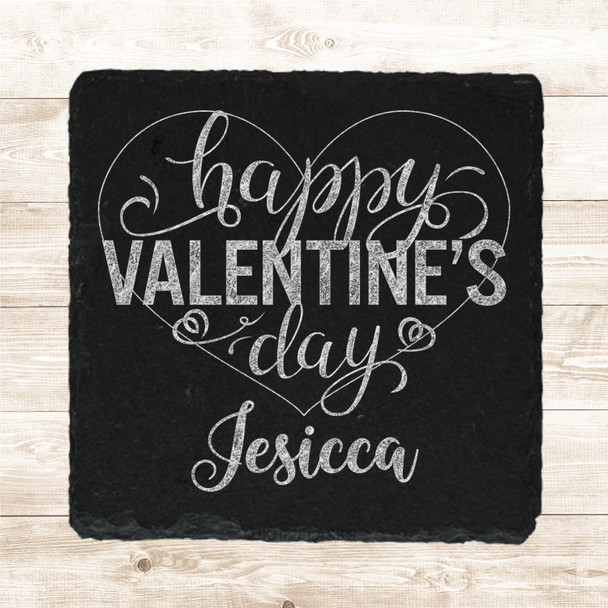 Square Slate Happy Valentine's Day Pretty Lettering Gift Personalised Coaster