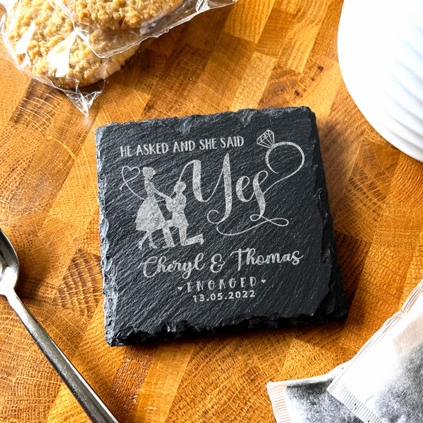 Square Slate He Asked She Said Yes Engagement Proposal Gift Personalised Coaster