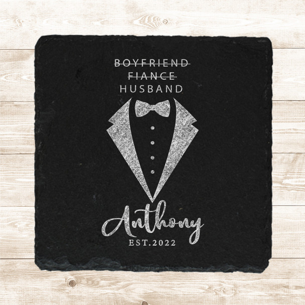 Square Slate Husband Tuxedo Wedding Day Newlyweds Gift Personalised Coaster