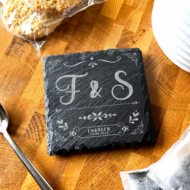 Square Slate Initials Name Engagement Date Swirls Gift Personalised Coaster