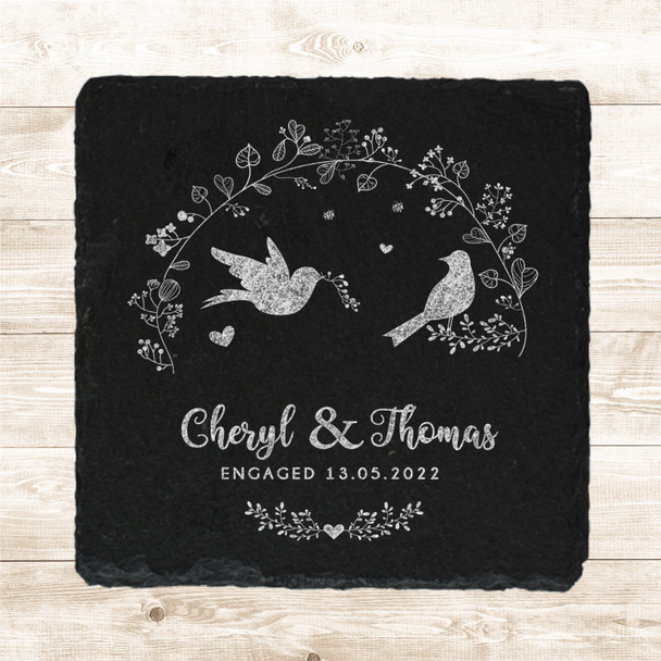 Square Slate Love Birds Floral Arc Engagement Date Gift Personalised Coaster Square Slate Love Birds Floral Arc Engagement Date Gift Personalised Coaster