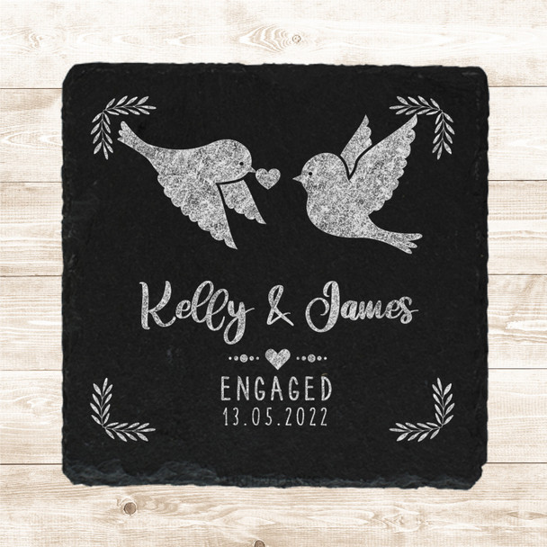 Square Slate Love Birds Heart Engagement Date Gift Personalised Coaster