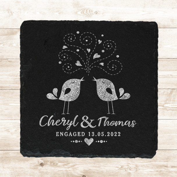 Square Slate Love Birds Hearts Swirls Engagement Date Gift Personalised Coaster