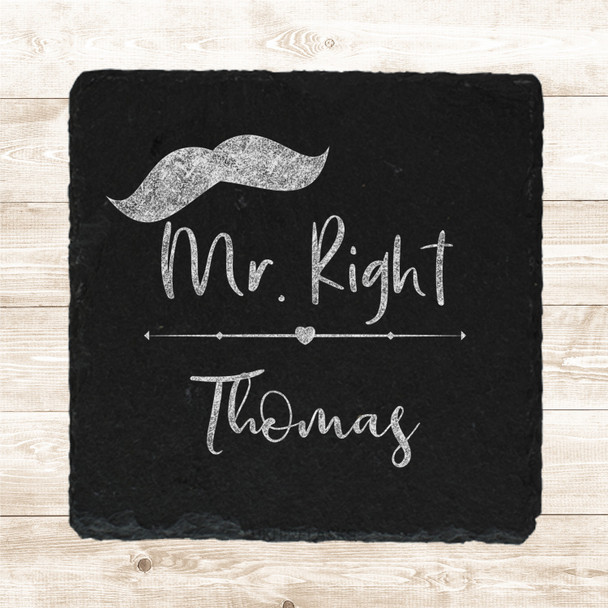 Square Slate Mr Right Moustache Husband Wedding Day Gift Personalised Coaster