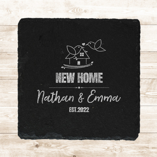 Square Slate New Home Birds House Doodle Couple Family Gift Personalised Coaster