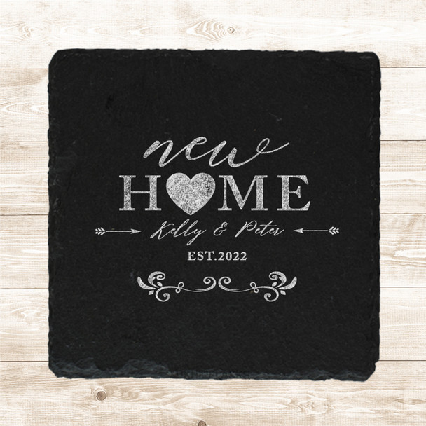 Square Slate New Home Couple Pretty Swirls Heart Gift Personalised Coaster