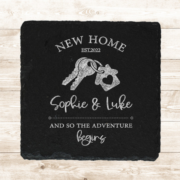 Square Slate New Home House Keys Couple Adventure Gift Personalised Coaster
