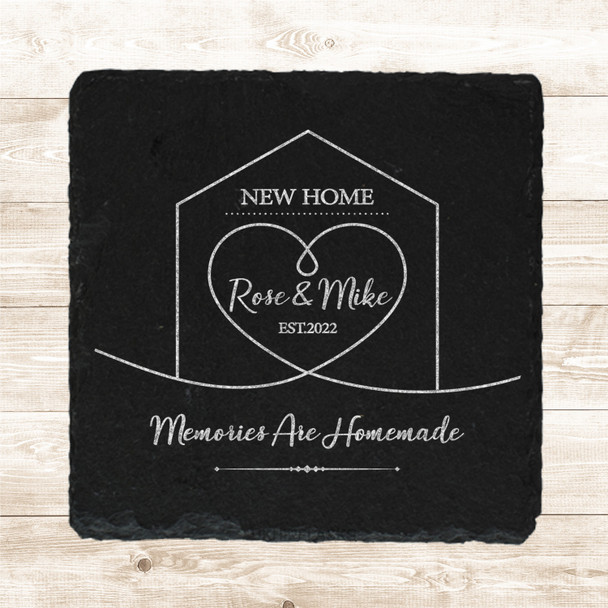 Square Slate New Home House Heart Memories Homemade Gift Personalised Coaster