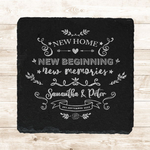 Square Slate New Home New Beginning Memories Couple Gift Personalised Coaster