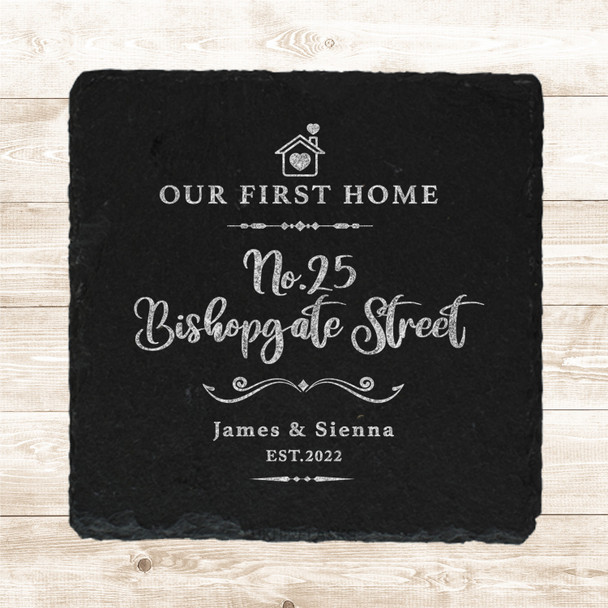 Square Slate Our First New Home House Heart Address Gift Personalised Coaster