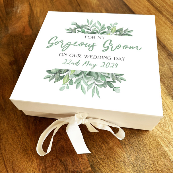 Husband Groom Green Leaves Personalised Square Wedding Day Keepsake Gift Box