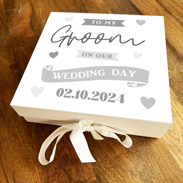 Husband Groom Silver Text Personalised Square Wedding Day Keepsake Gift Box