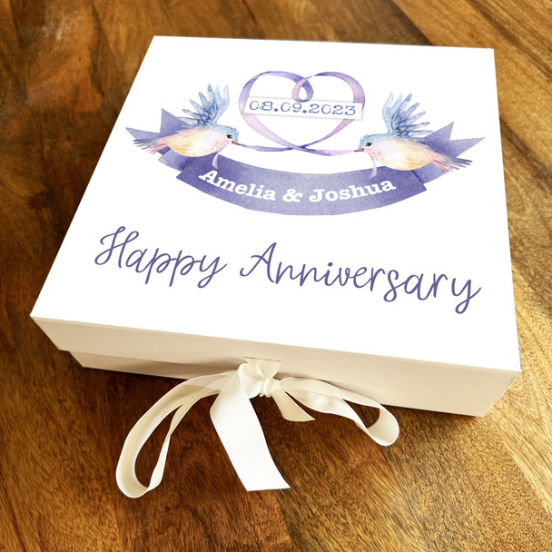 Birds Blue Purple Personalised Square Wedding Anniversary Keepsake Gift Box