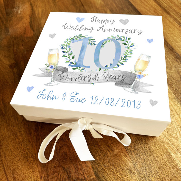 10th 10 Wonderful Years Personalised Square Wedding Anniversary Gift Box