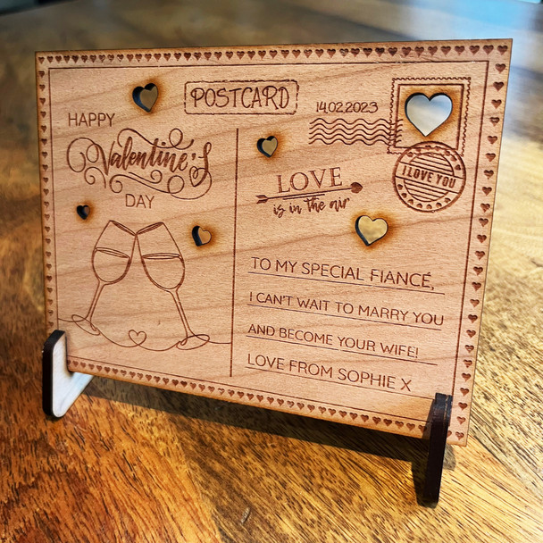 Fiancé Cheers Wine Valentine's Day Personalised Card Wooden Postcard Gift