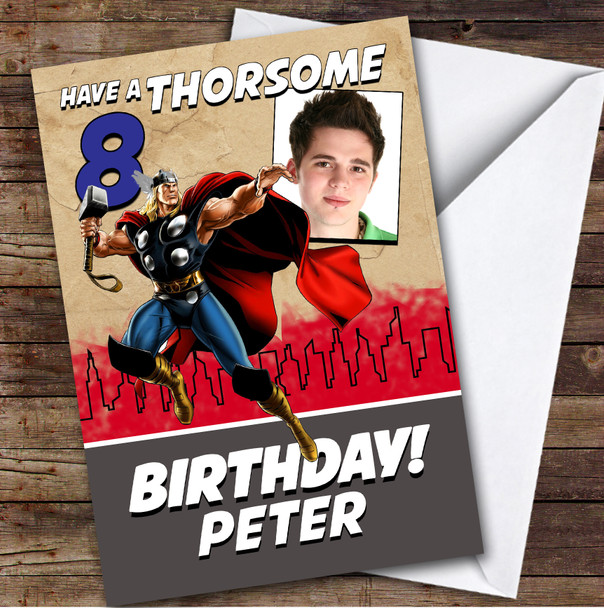 Thor Thorsome Photo & Any Age Kids Personalised Children's Birthday Card