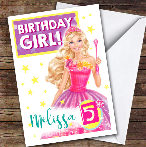 Barbie Princess Fairy Girl Pink Sparkles Kids Personalised  Birthday Card