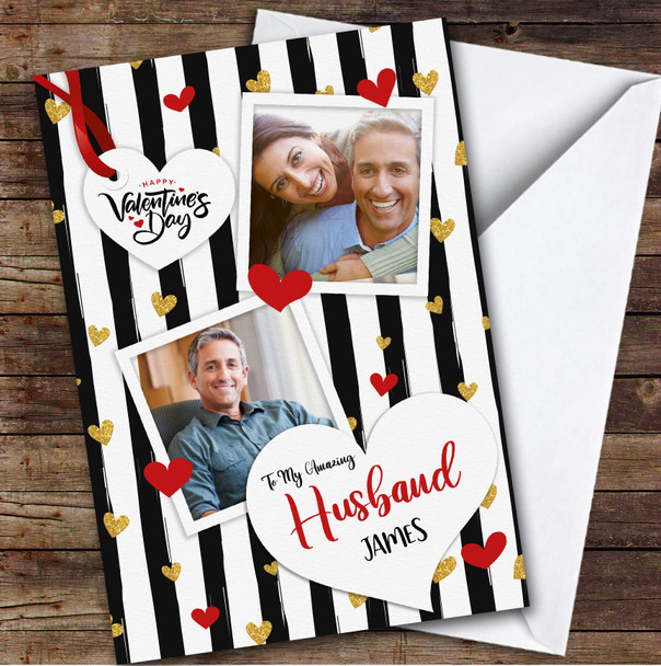 Gold And Red Hearts Husband Photo Romantic Personalised Valentine's Day Card