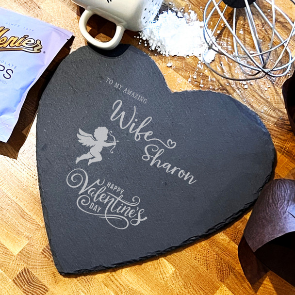 Heart Slate Valentine's Day Amazing Wife Little Cupid Personalised Serving Board