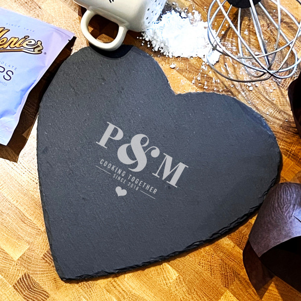 Heart Slate Couples Initials Cooking Together Since Personalised Serving Board