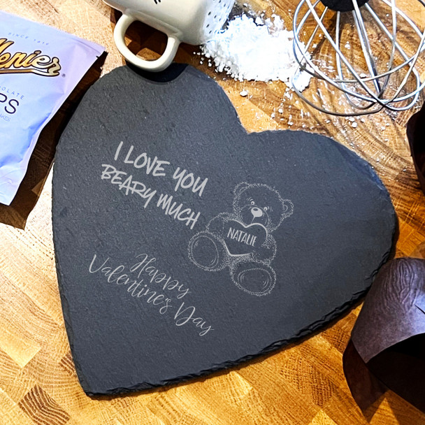 Heart Slate Valentine's Day Teddy Bear I Love You Heart Serving Board