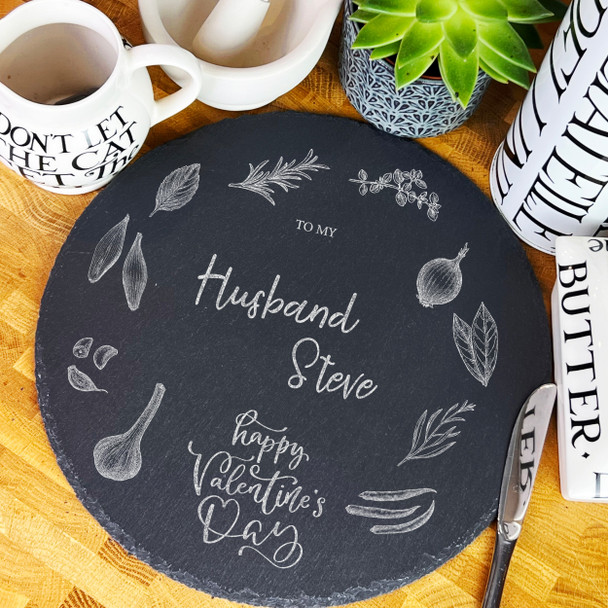 Round Slate Valentine's Day Ingredients Spices & Herbs Husband Serving Board