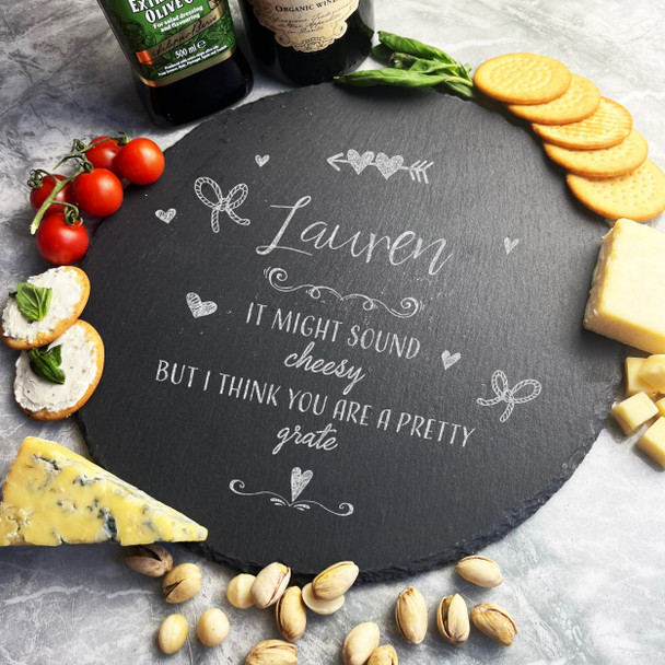 Round Slate It Might Sound Cheesy Hearts Cheese Personalised Serving Board