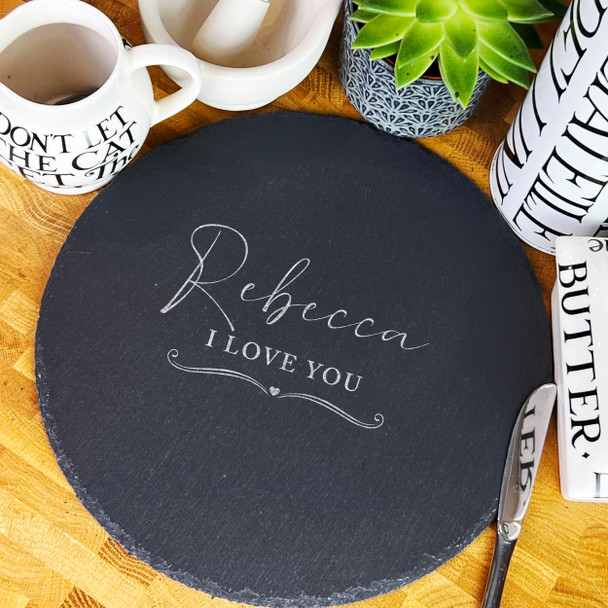 Round Slate I Love You Any Name Heart Swirls Personalised Serving Board