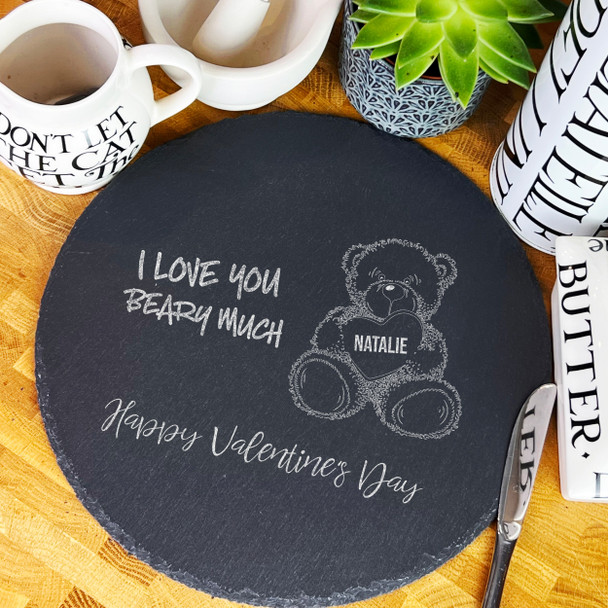 Round Slate Valentine's Day Teddy Bear I Love You Heart Serving Board