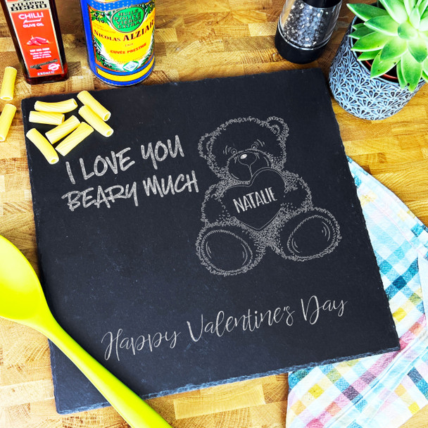 Square Slate Valentine's Day Teddy Bear I Love You Heart Serving Board