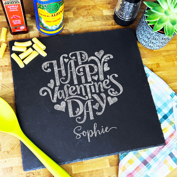 Square Slate Happy Valentine's Day Hearts Personalised Serving Board