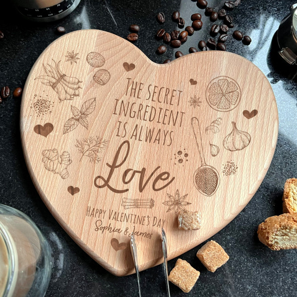 Wood Heart Valentine's Day Cooking Ingredients Herbs Personalised Chopping Board