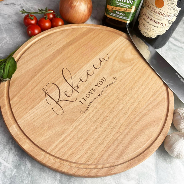 Wood Round I Love You Name Heart Swirl Personalised Chopping Board