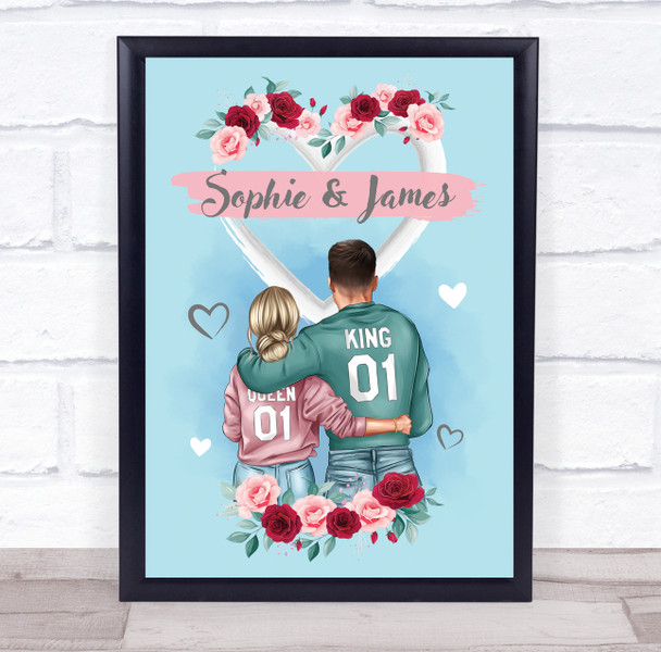 Blue Heart Roses Romantic Gift For Him or Her Personalised Couple Print