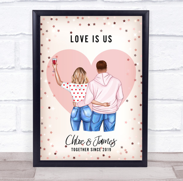 Pink Heart Gold Stars Romantic Gift For Him or Her Personalised Couple Print
