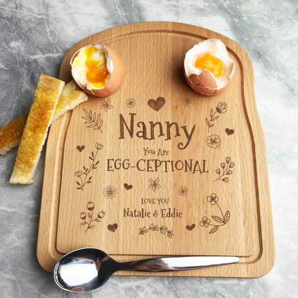 Funny Nanny Flowers Personalised Gift Eggs & Toast Soldiers Breakfast Board