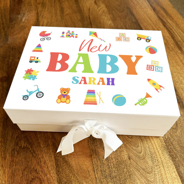 Colourful New Baby Shower Toys Personalised Keepsake Memory Hamper Gift Box