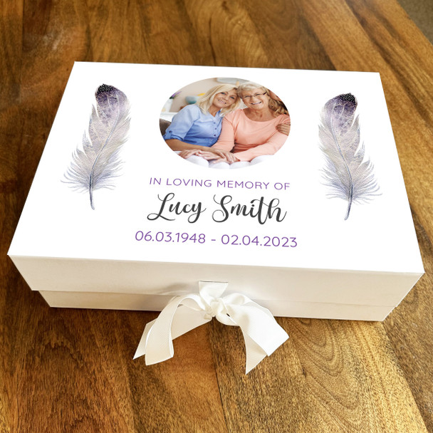 Memorial Memory Purple Feather Photo Memory Remembrance Keepsake Box
