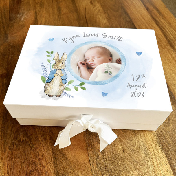 New Baby Shower Boy Birth Blue Photo Peter Rabbit Keepsake Memory Gift Box