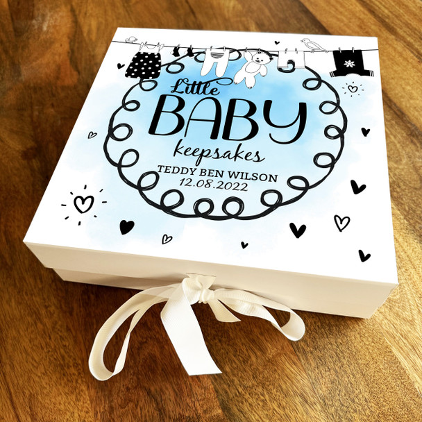 New Baby Shower Washing Line Blue Square Keepsake Memory Hamper Gift Box