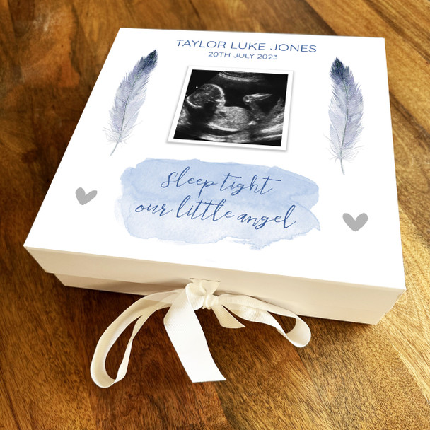 Baby Boy Loss Memorial Blue Feather Photo Miscarriage Square Memory Keepsake Box